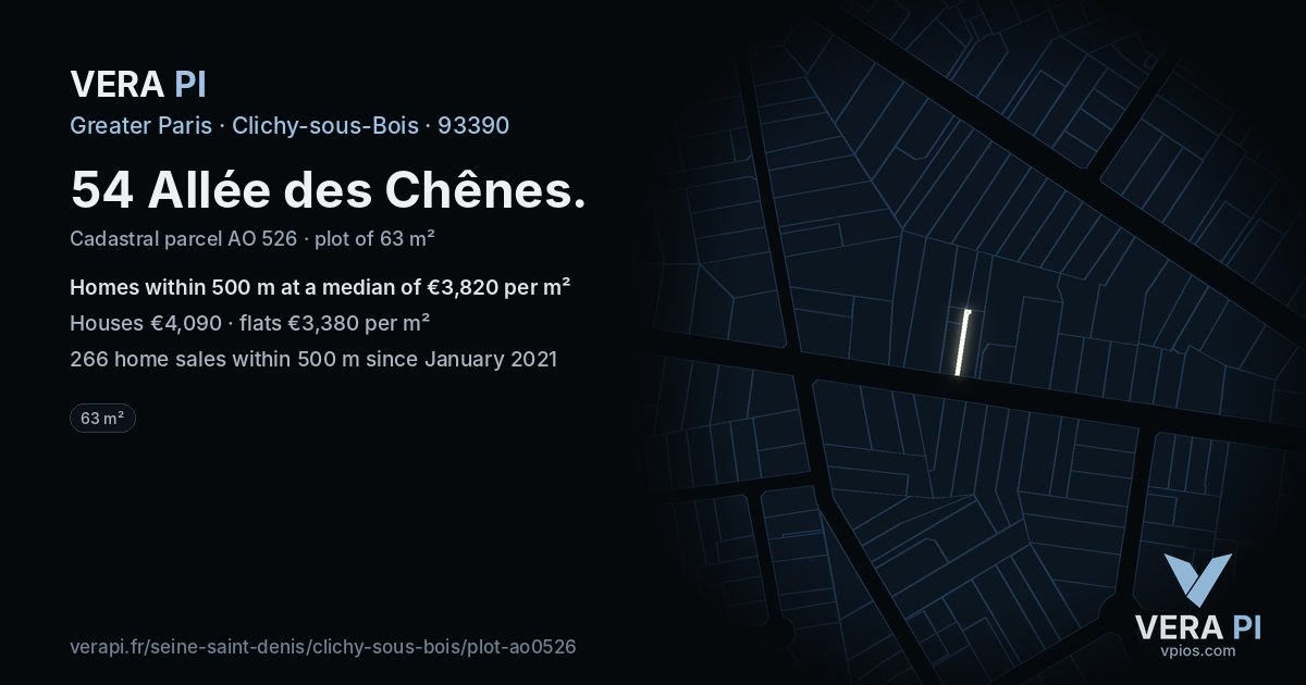 54 Allée des Chênes, Clichy-sous-Bois at night – the plot lit, the parcels around coloured by the prices near them