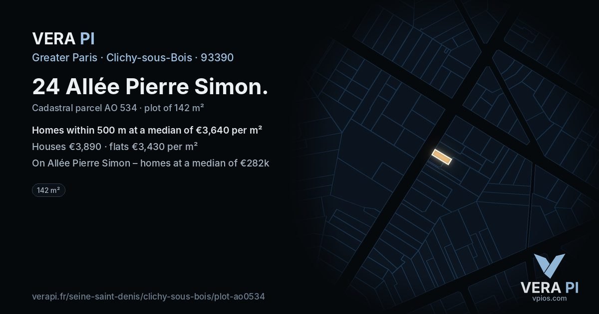 24 Allée Pierre Simon, Clichy-sous-Bois at night – the plot lit, the parcels around coloured by the prices near them
