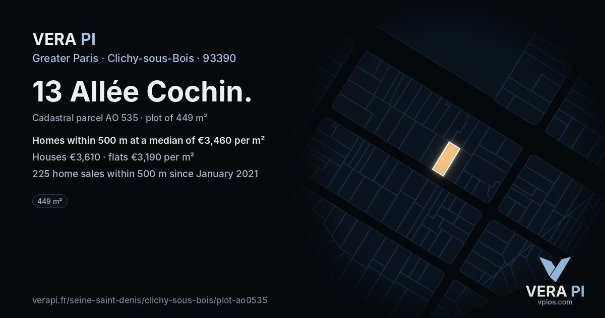 13 Allée Cochin, Clichy-sous-Bois at night – the plot lit, the parcels around coloured by the prices near them