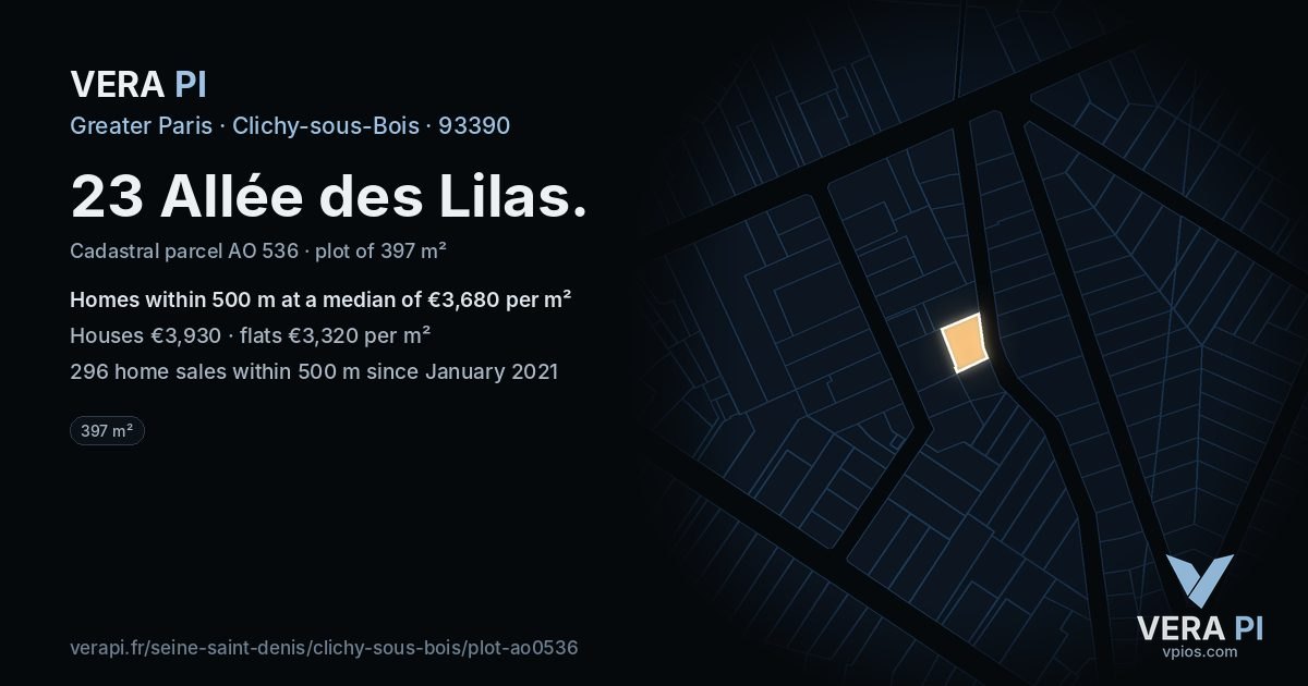23 Allée des Lilas, Clichy-sous-Bois at night – the plot lit, the parcels around coloured by the prices near them