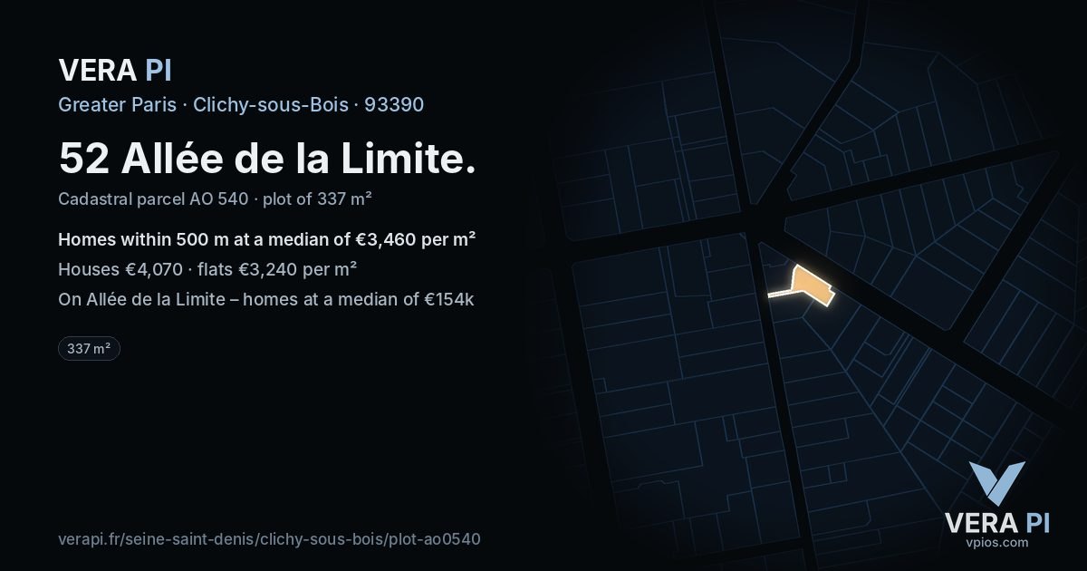 52 Allée de la Limite, Clichy-sous-Bois at night – the plot lit, the parcels around coloured by the prices near them