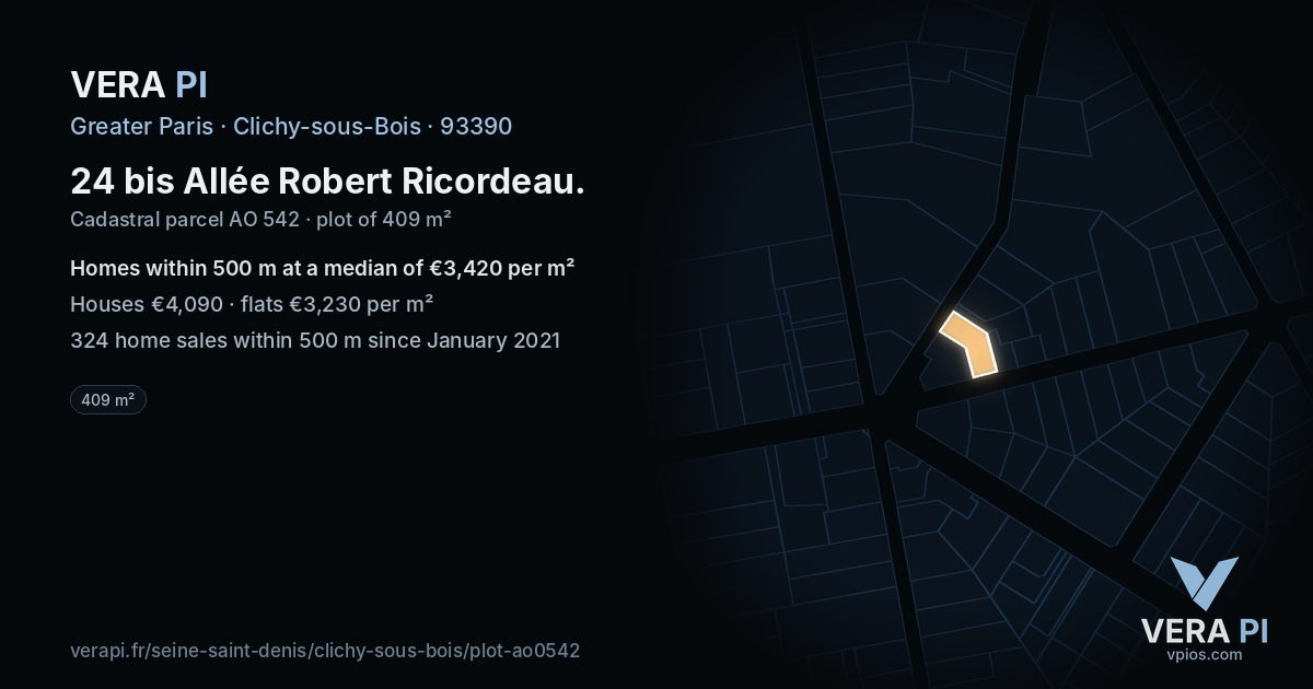 24 bis Allée Robert Ricordeau, Clichy-sous-Bois at night – the plot lit, the parcels around coloured by the prices near them