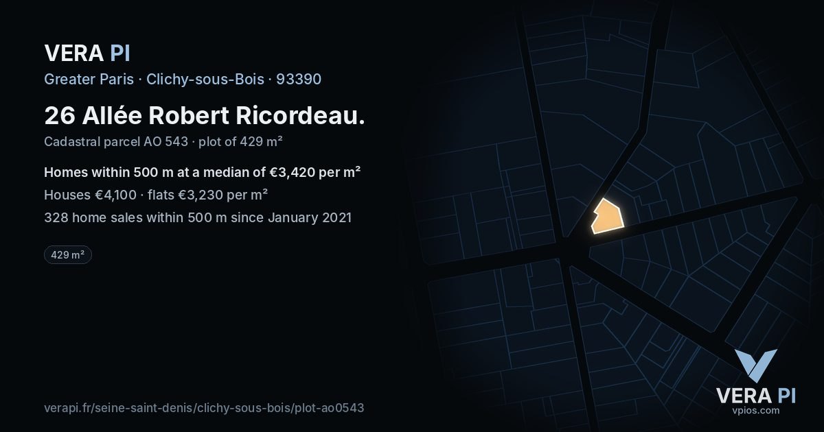 26 Allée Robert Ricordeau, Clichy-sous-Bois at night – the plot lit, the parcels around coloured by the prices near them