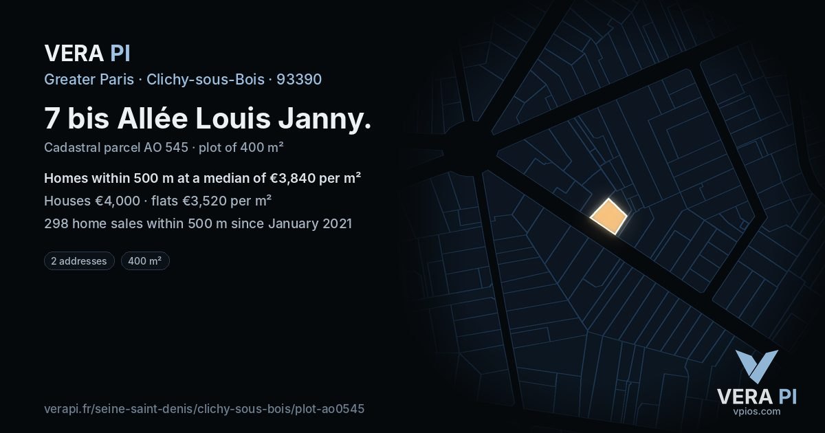 7 bis Allée Louis Janny, Clichy-sous-Bois at night – the plot lit, the parcels around coloured by the prices near them