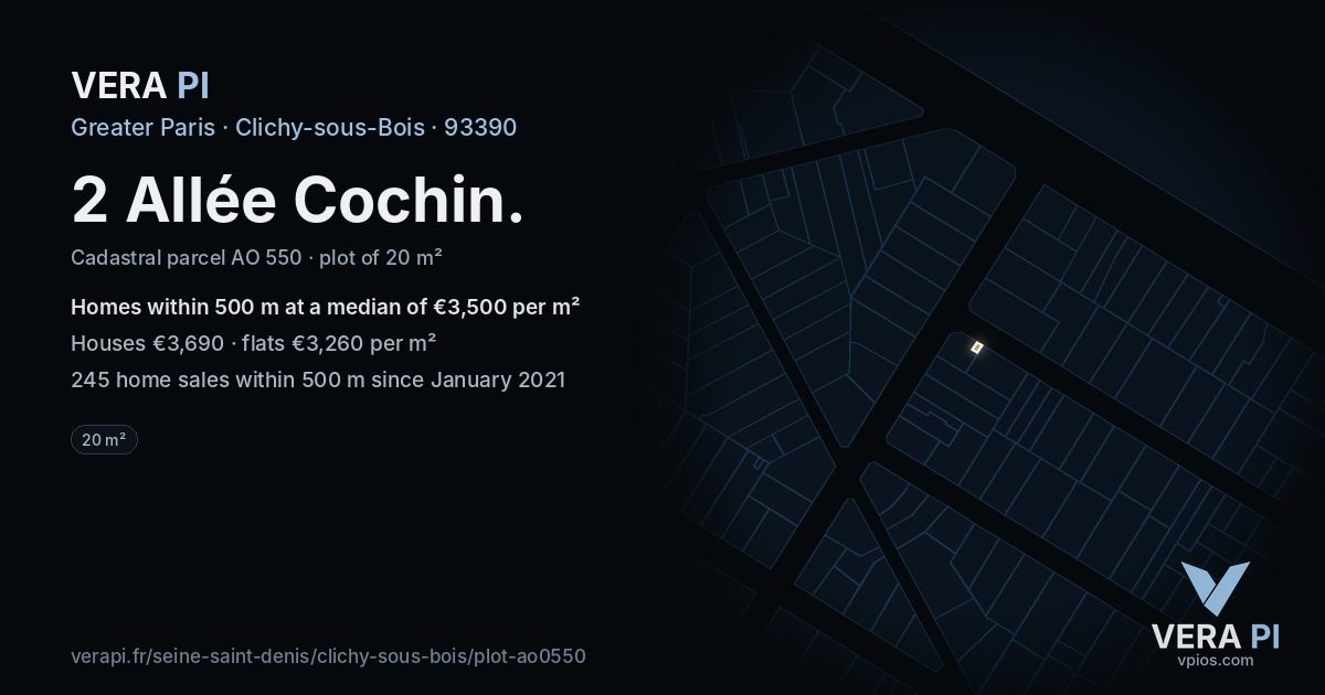 2 Allée Cochin, Clichy-sous-Bois at night – the plot lit, the parcels around coloured by the prices near them
