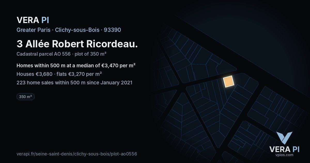 3 Allée Robert Ricordeau, Clichy-sous-Bois at night – the plot lit, the parcels around coloured by the prices near them