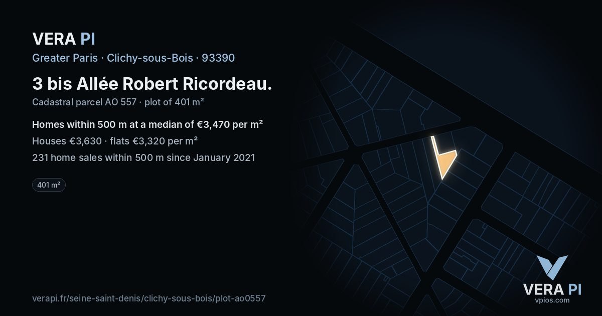 3 bis Allée Robert Ricordeau, Clichy-sous-Bois at night – the plot lit, the parcels around coloured by the prices near them