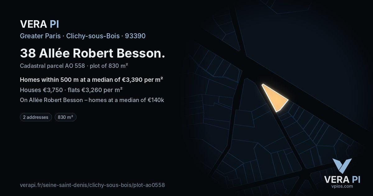 38 Allée Robert Besson, Clichy-sous-Bois at night – the plot lit, the parcels around coloured by the prices near them