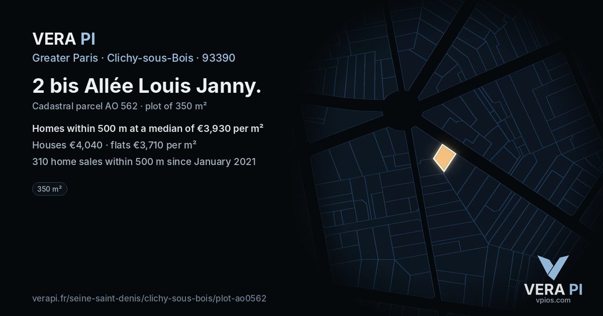 2 bis Allée Louis Janny, Clichy-sous-Bois at night – the plot lit, the parcels around coloured by the prices near them