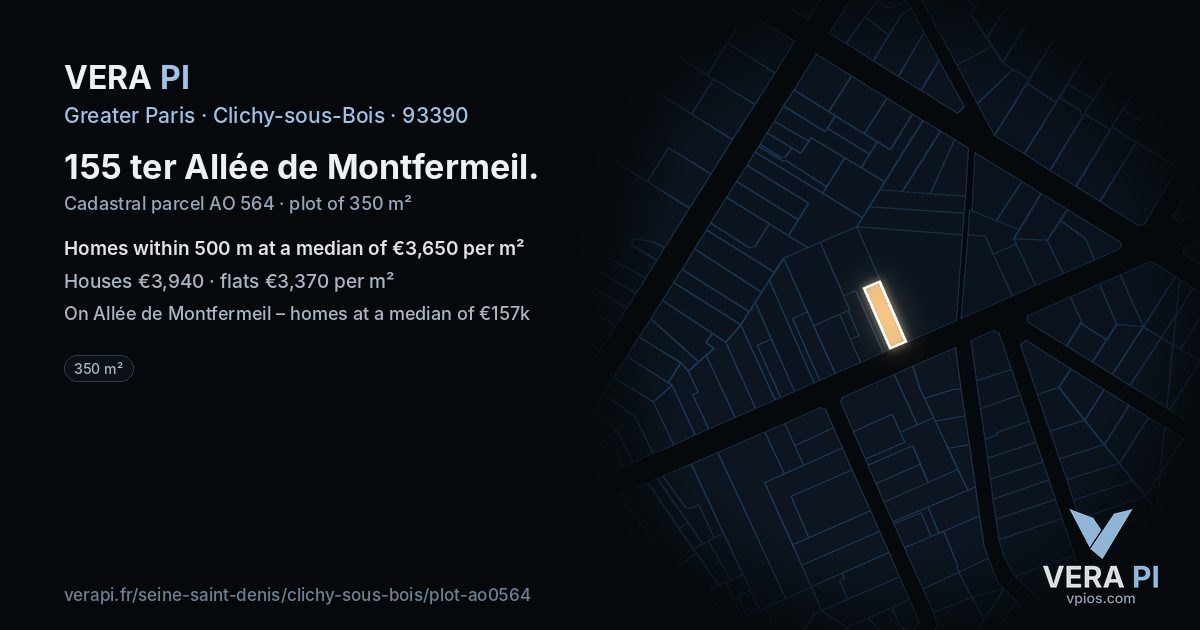 155 ter Allée de Montfermeil, Clichy-sous-Bois at night – the plot lit, the parcels around coloured by the prices near them