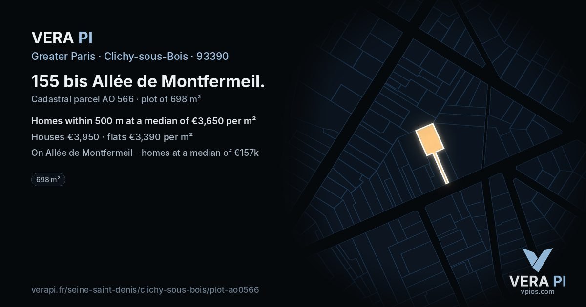 155 bis Allée de Montfermeil, Clichy-sous-Bois at night – the plot lit, the parcels around coloured by the prices near them