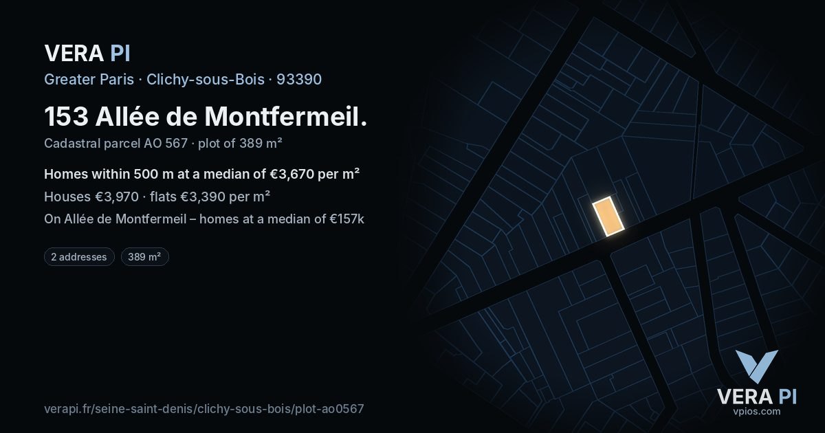 153 Allée de Montfermeil, Clichy-sous-Bois at night – the plot lit, the parcels around coloured by the prices near them
