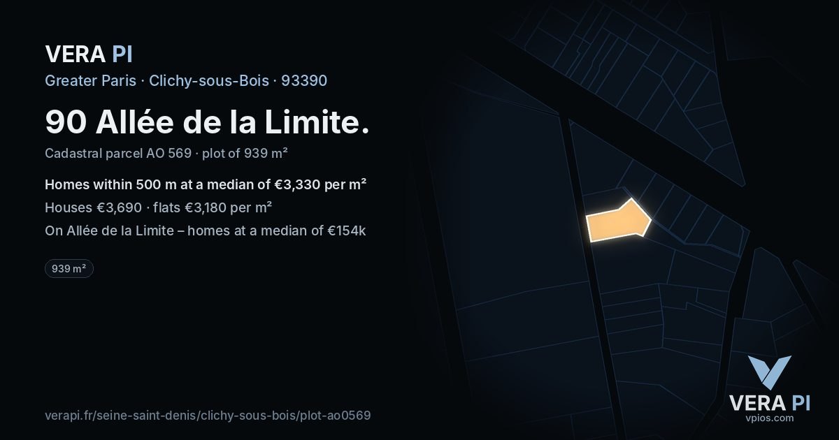 90 Allée de la Limite, Clichy-sous-Bois at night – the plot lit, the parcels around coloured by the prices near them