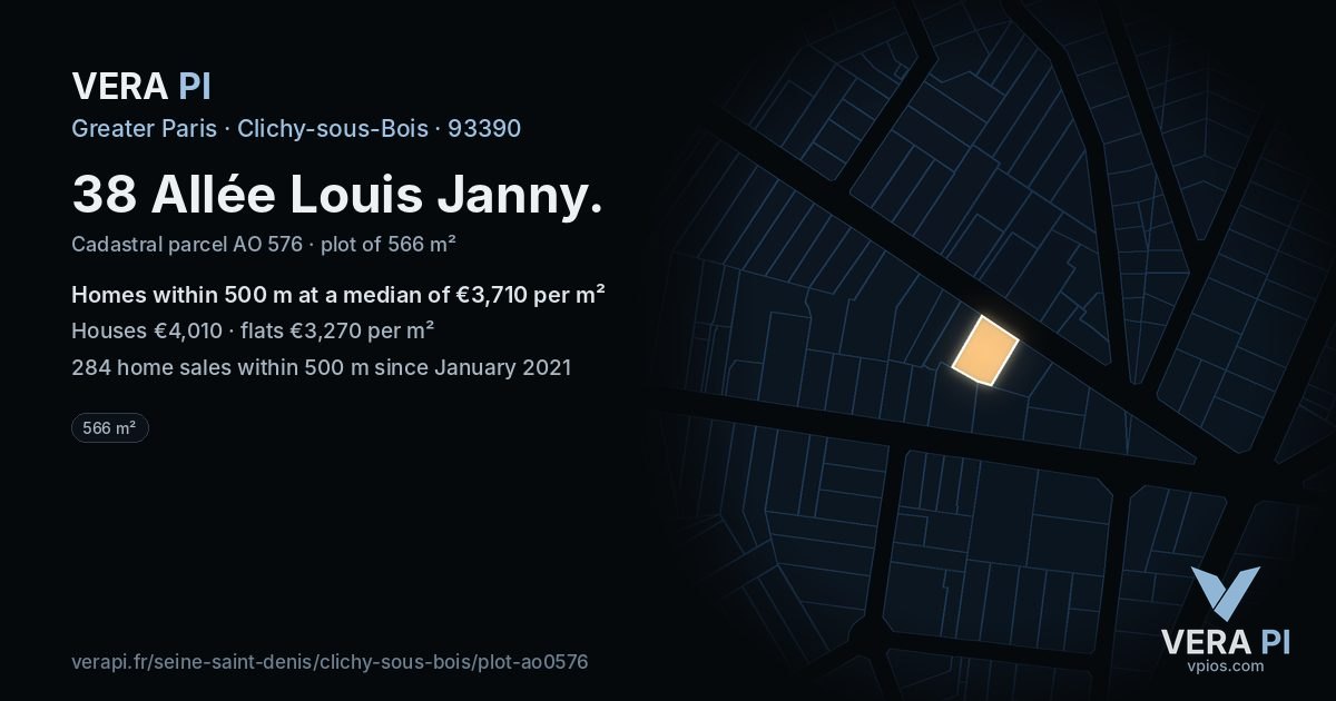 38 Allée Louis Janny, Clichy-sous-Bois at night – the plot lit, the parcels around coloured by the prices near them