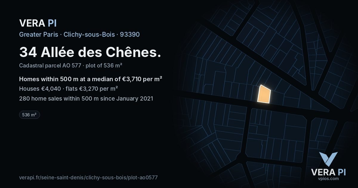 34 Allée des Chênes, Clichy-sous-Bois at night – the plot lit, the parcels around coloured by the prices near them
