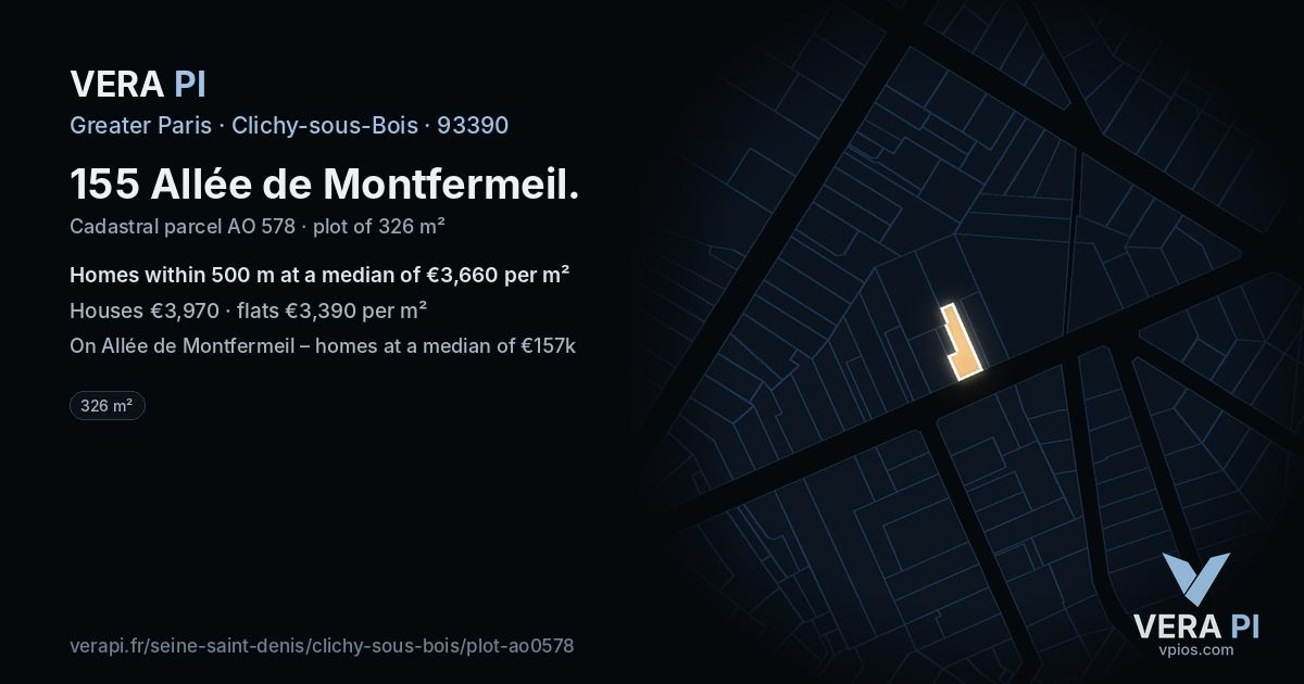 155 Allée de Montfermeil, Clichy-sous-Bois at night – the plot lit, the parcels around coloured by the prices near them