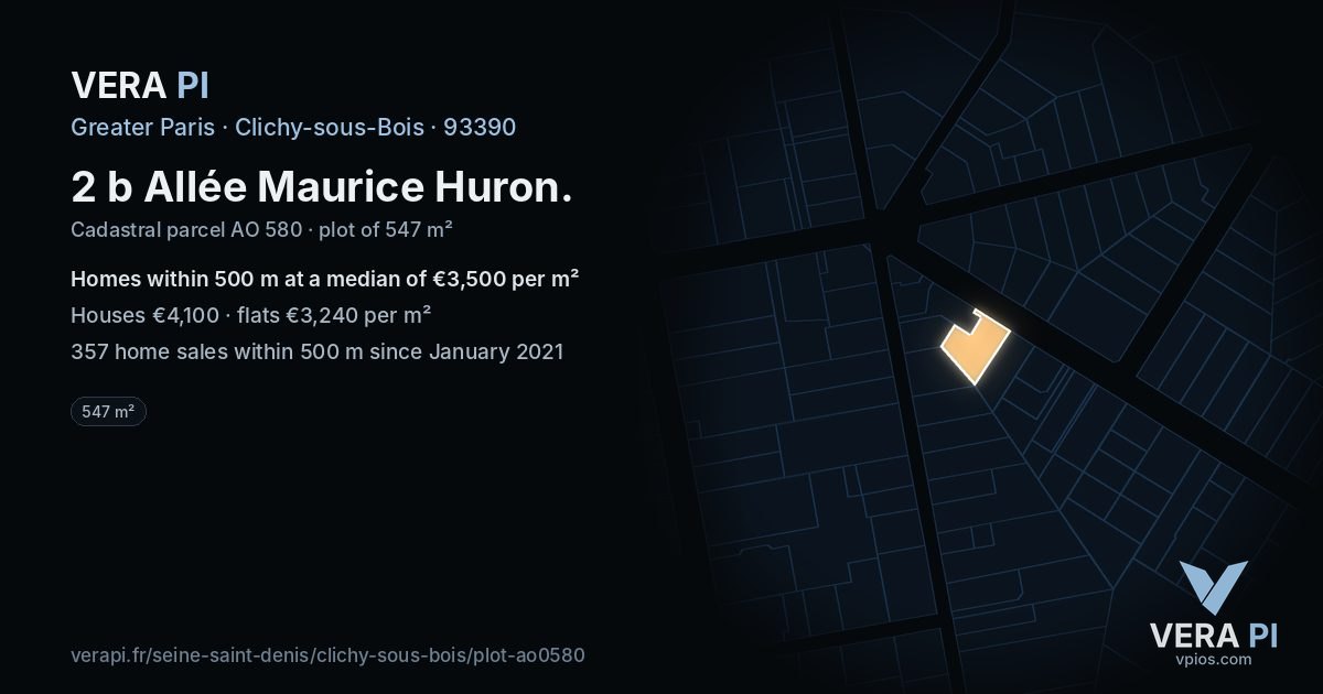 2 b Allée Maurice Huron, Clichy-sous-Bois at night – the plot lit, the parcels around coloured by the prices near them