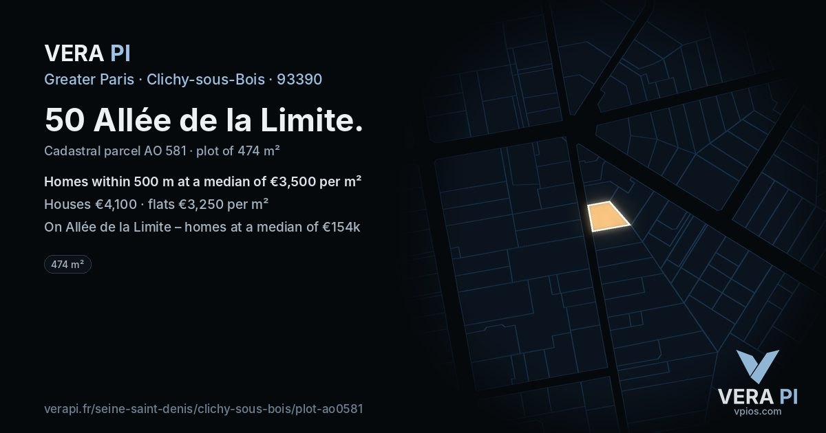 50 Allée de la Limite, Clichy-sous-Bois at night – the plot lit, the parcels around coloured by the prices near them