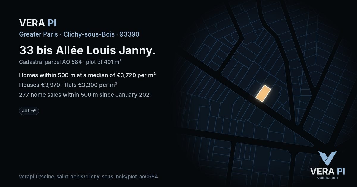 33 bis Allée Louis Janny, Clichy-sous-Bois at night – the plot lit, the parcels around coloured by the prices near them