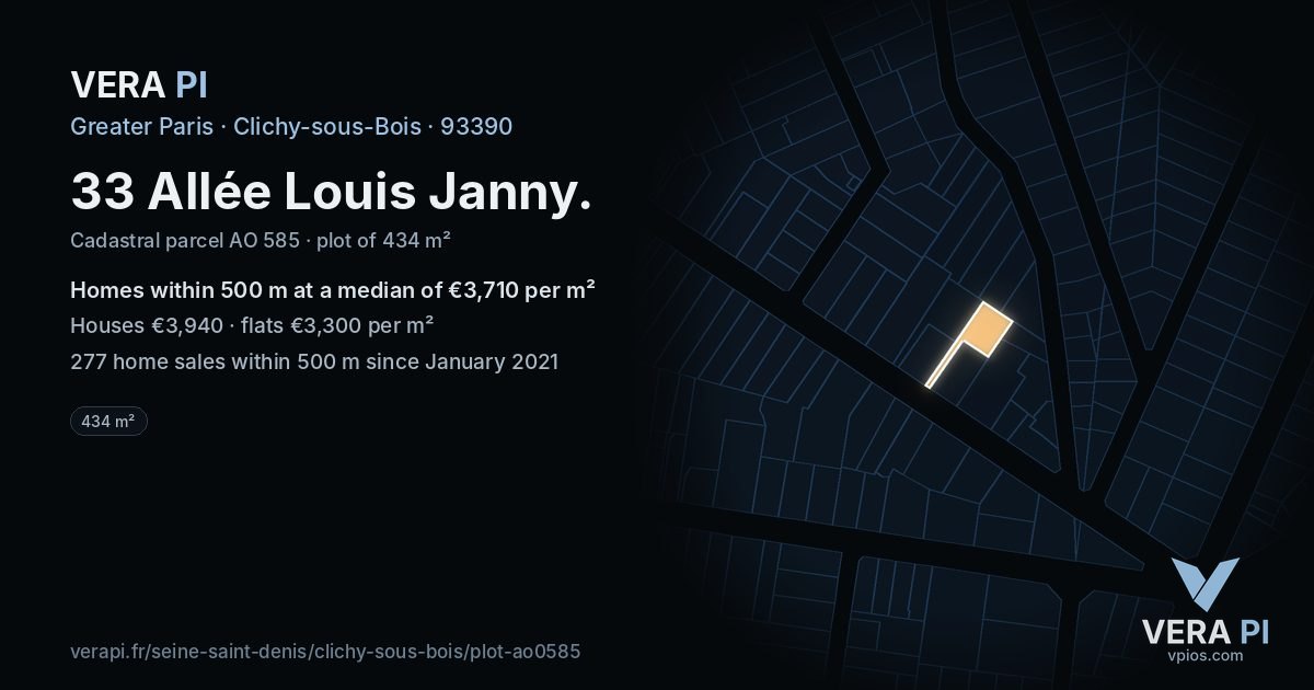33 Allée Louis Janny, Clichy-sous-Bois at night – the plot lit, the parcels around coloured by the prices near them