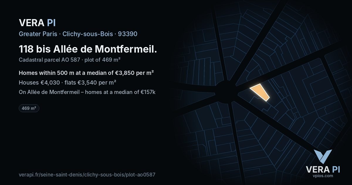 118 bis Allée de Montfermeil, Clichy-sous-Bois at night – the plot lit, the parcels around coloured by the prices near them