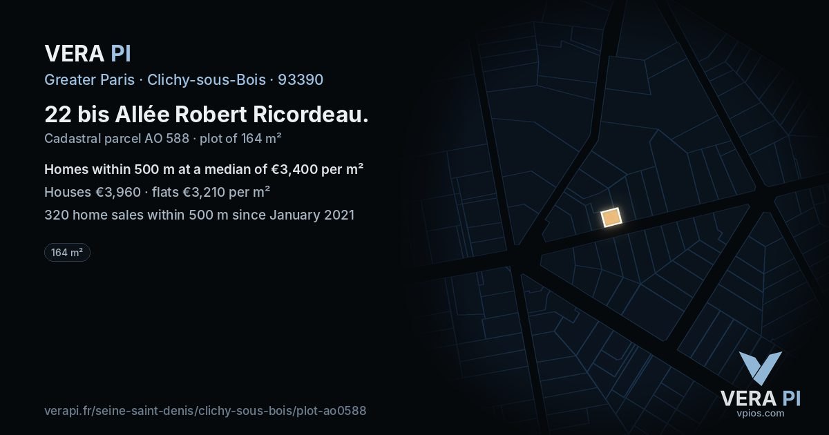 22 bis Allée Robert Ricordeau, Clichy-sous-Bois at night – the plot lit, the parcels around coloured by the prices near them