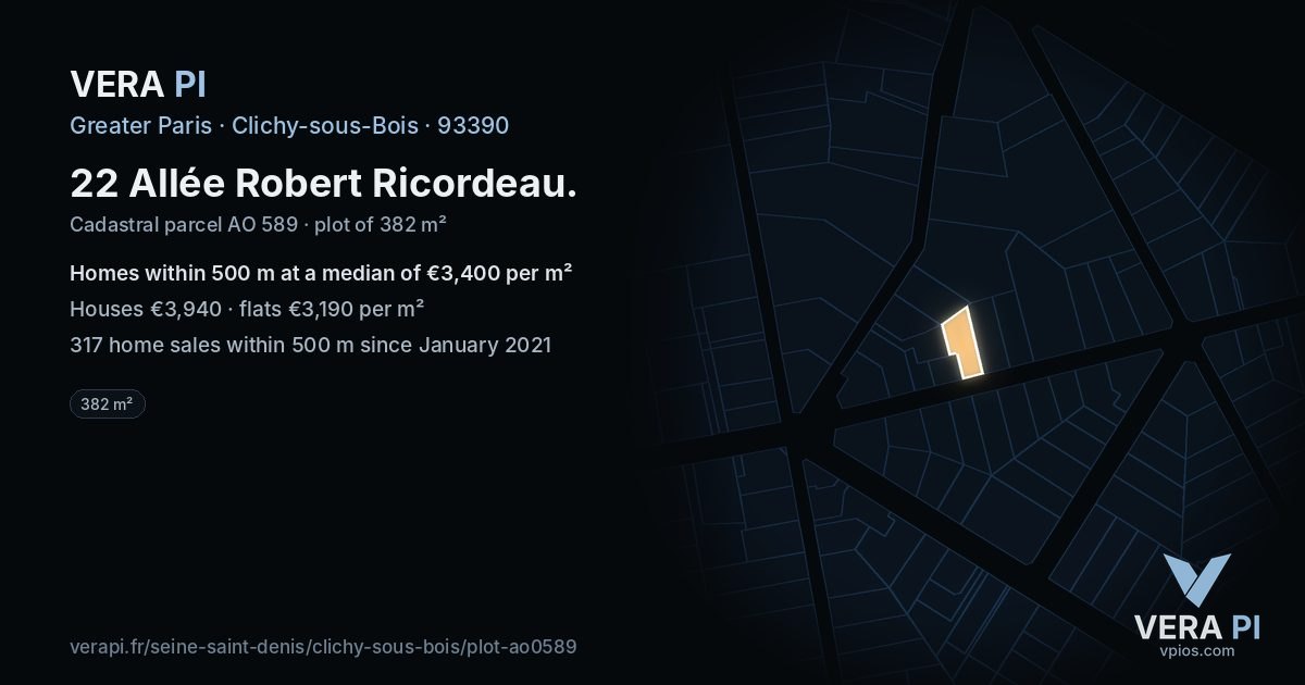 22 Allée Robert Ricordeau, Clichy-sous-Bois at night – the plot lit, the parcels around coloured by the prices near them