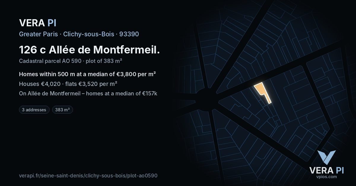 126 c Allée de Montfermeil, Clichy-sous-Bois at night – the plot lit, the parcels around coloured by the prices near them