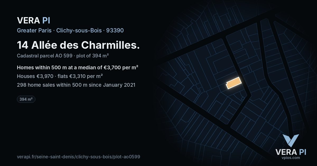 14 Allée des Charmilles, Clichy-sous-Bois at night – the plot lit, the parcels around coloured by the prices near them