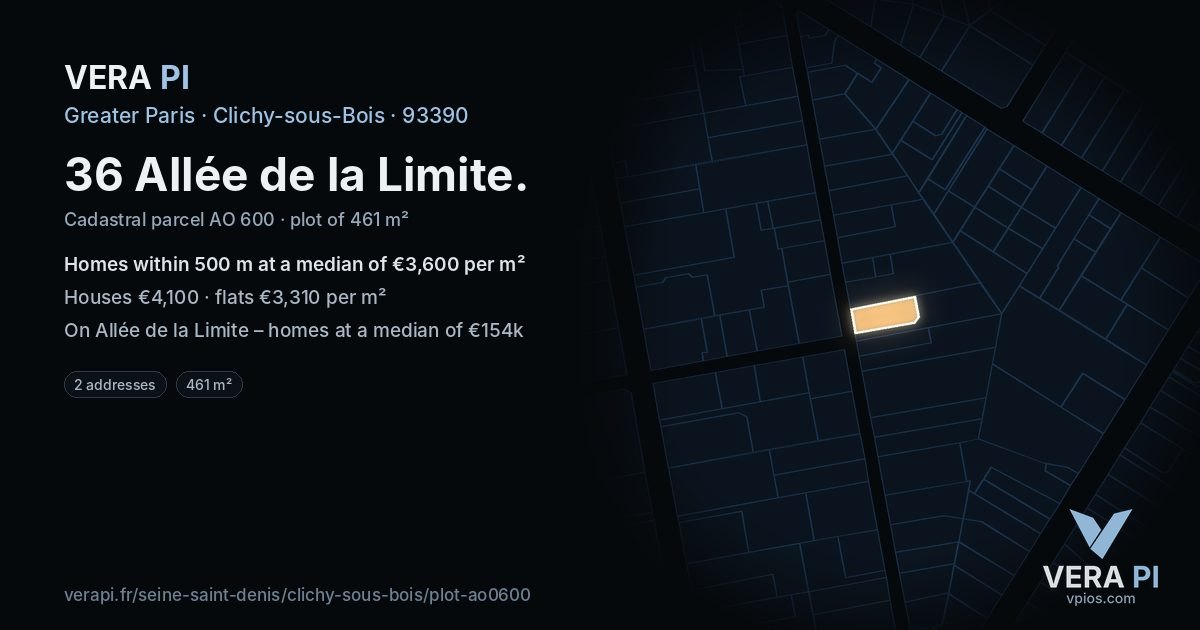 36 Allée de la Limite, Clichy-sous-Bois at night – the plot lit, the parcels around coloured by the prices near them