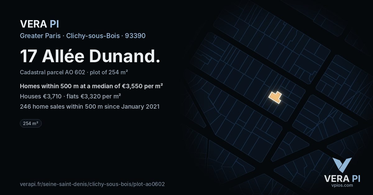 17 Allée Dunand, Clichy-sous-Bois at night – the plot lit, the parcels around coloured by the prices near them