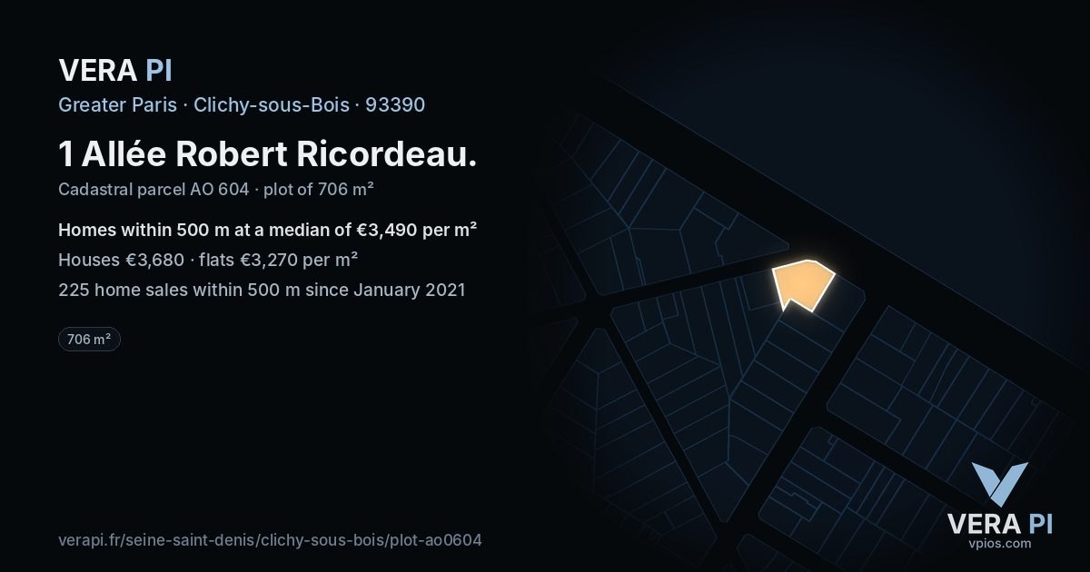 1 Allée Robert Ricordeau, Clichy-sous-Bois at night – the plot lit, the parcels around coloured by the prices near them