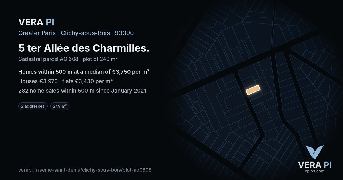 5 ter Allée des Charmilles, Clichy-sous-Bois at night – the plot lit, the parcels around coloured by the prices near them