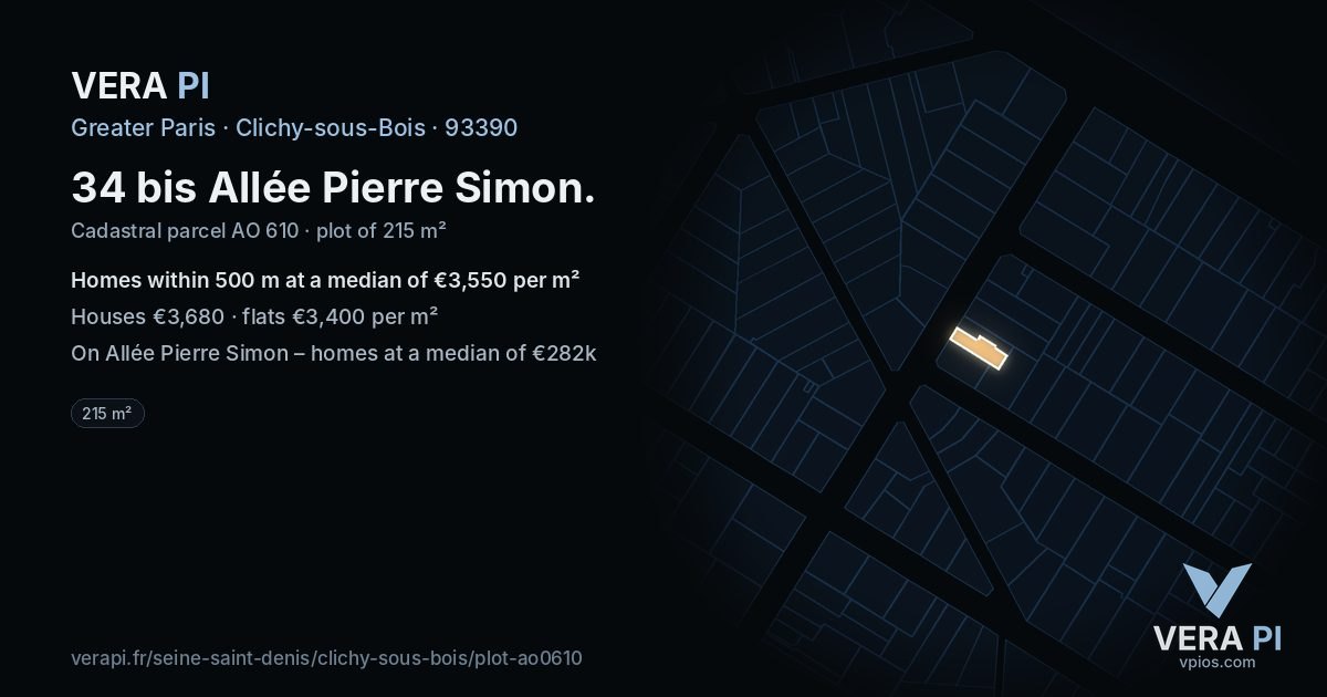 34 bis Allée Pierre Simon, Clichy-sous-Bois at night – the plot lit, the parcels around coloured by the prices near them