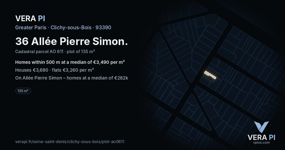 36 Allée Pierre Simon, Clichy-sous-Bois at night – the plot lit, the parcels around coloured by the prices near them