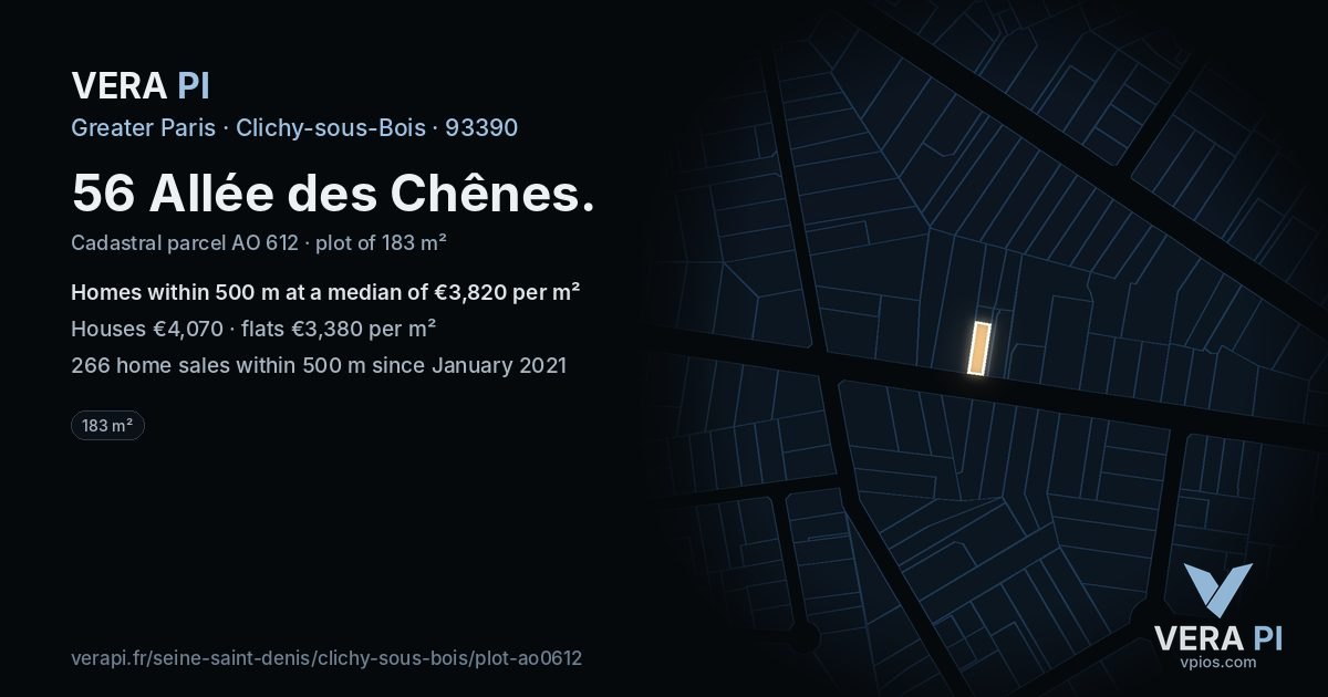 56 Allée des Chênes, Clichy-sous-Bois at night – the plot lit, the parcels around coloured by the prices near them