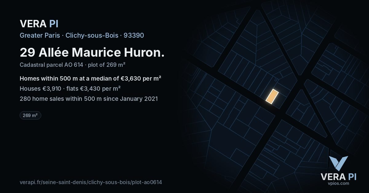 29 Allée Maurice Huron, Clichy-sous-Bois at night – the plot lit, the parcels around coloured by the prices near them