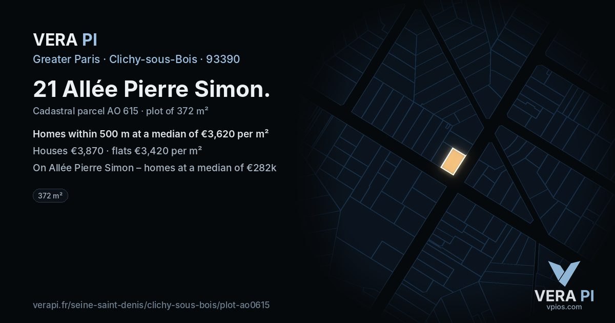 21 Allée Pierre Simon, Clichy-sous-Bois at night – the plot lit, the parcels around coloured by the prices near them