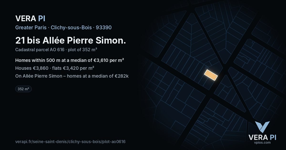 21 bis Allée Pierre Simon, Clichy-sous-Bois at night – the plot lit, the parcels around coloured by the prices near them