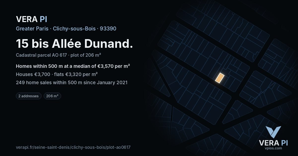 15 bis Allée Dunand, Clichy-sous-Bois at night – the plot lit, the parcels around coloured by the prices near them