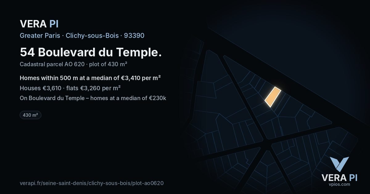 54 Boulevard du Temple, Clichy-sous-Bois at night – the plot lit, the parcels around coloured by the prices near them