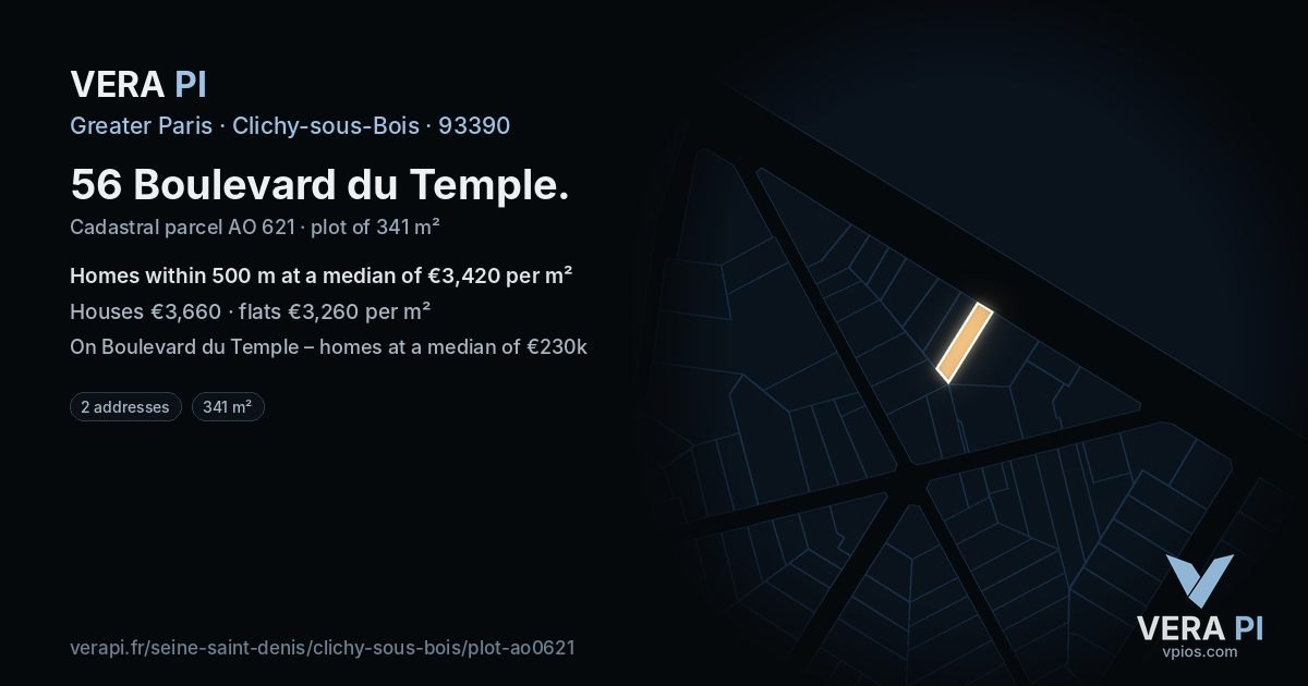 56 Boulevard du Temple, Clichy-sous-Bois at night – the plot lit, the parcels around coloured by the prices near them