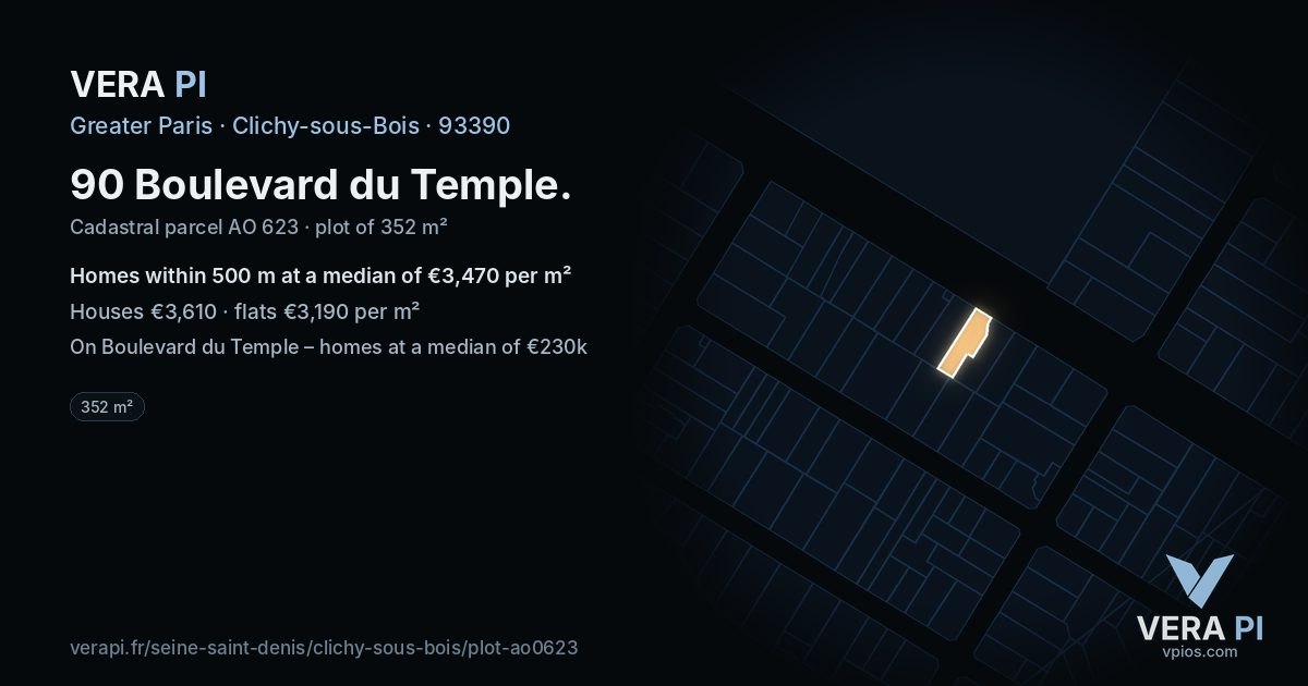 90 Boulevard du Temple, Clichy-sous-Bois at night – the plot lit, the parcels around coloured by the prices near them