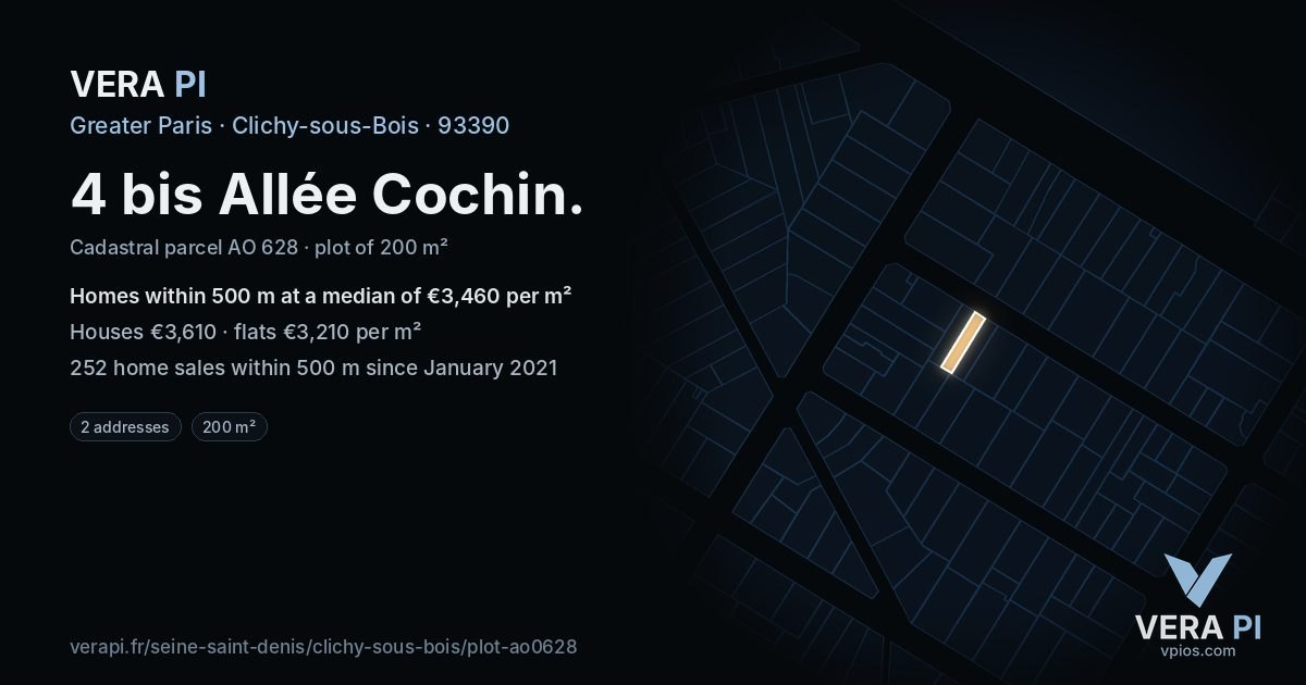 4 bis Allée Cochin, Clichy-sous-Bois at night – the plot lit, the parcels around coloured by the prices near them