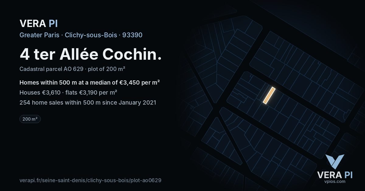 4 ter Allée Cochin, Clichy-sous-Bois at night – the plot lit, the parcels around coloured by the prices near them