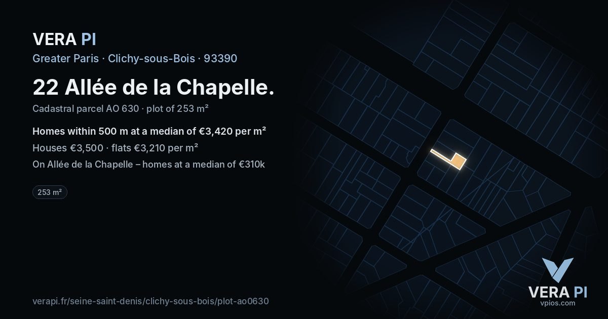 22 Allée de la Chapelle, Clichy-sous-Bois at night – the plot lit, the parcels around coloured by the prices near them
