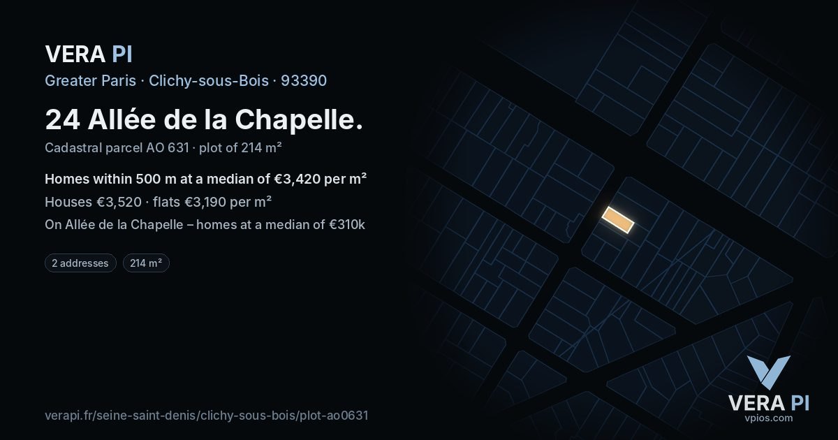 24 Allée de la Chapelle, Clichy-sous-Bois at night – the plot lit, the parcels around coloured by the prices near them