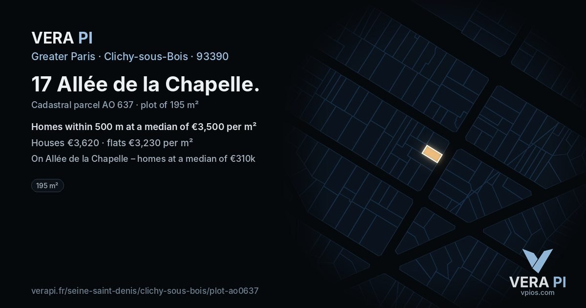 17 Allée de la Chapelle, Clichy-sous-Bois at night – the plot lit, the parcels around coloured by the prices near them
