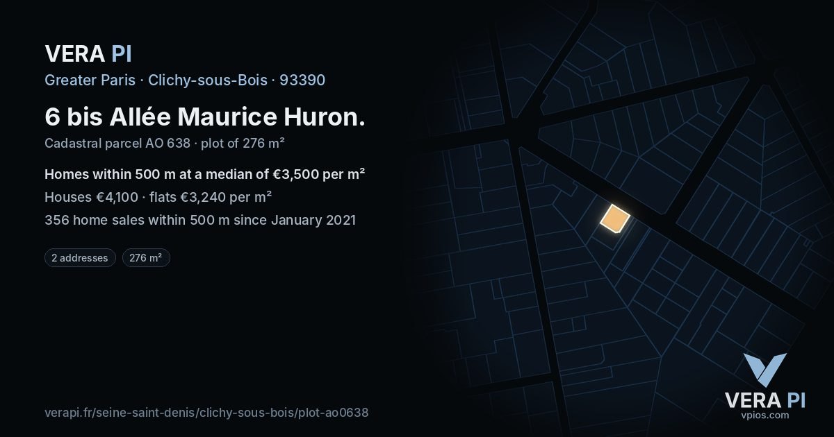 6 bis Allée Maurice Huron, Clichy-sous-Bois at night – the plot lit, the parcels around coloured by the prices near them