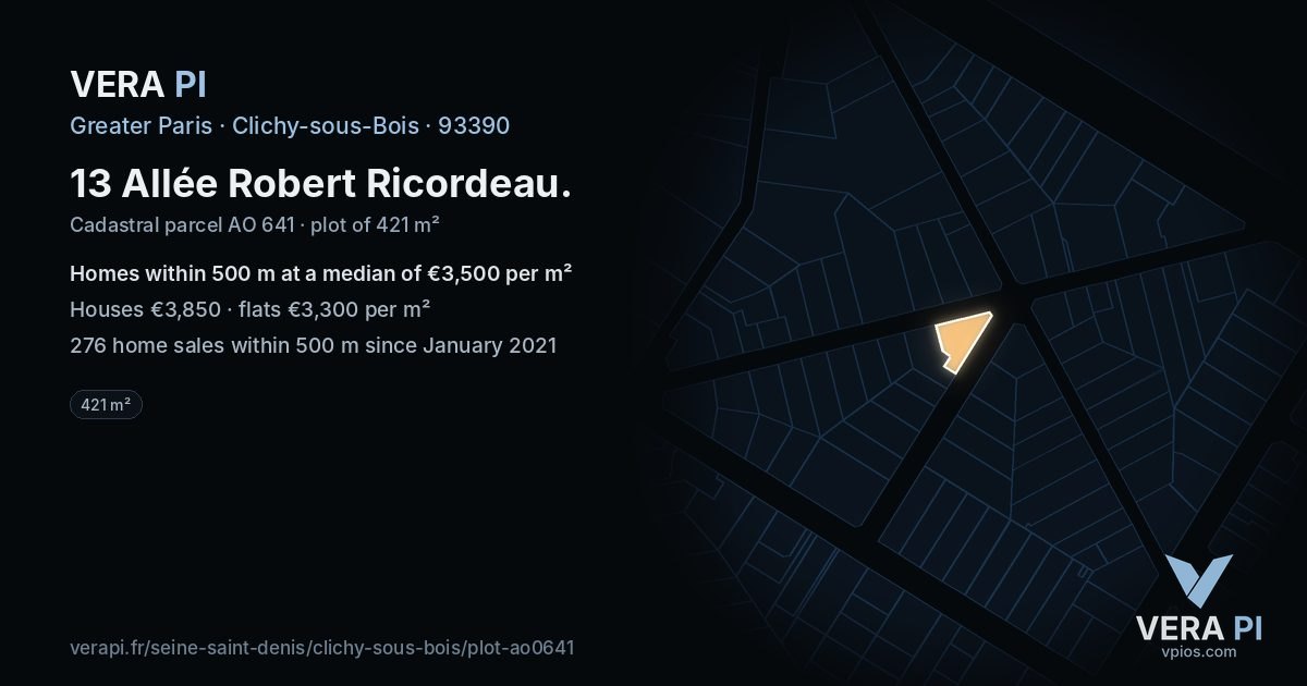 13 Allée Robert Ricordeau, Clichy-sous-Bois at night – the plot lit, the parcels around coloured by the prices near them